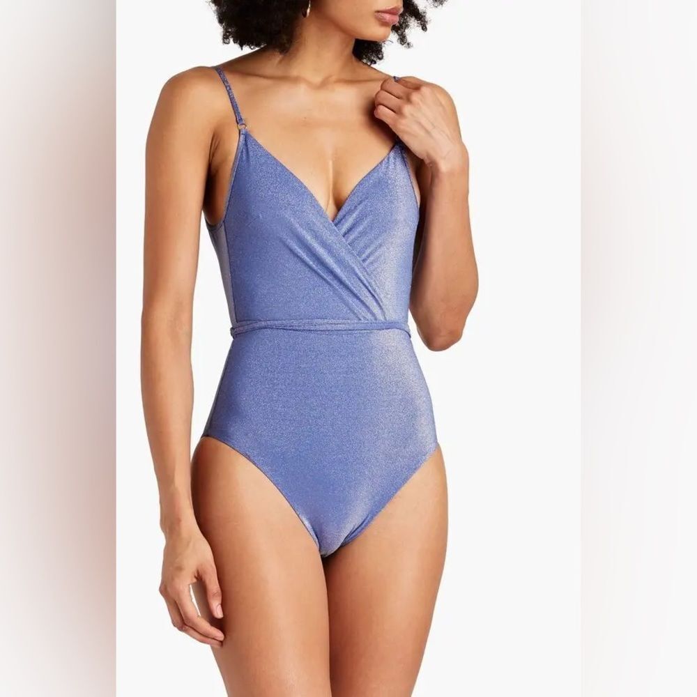 Zimmermann Wrap-Effect Metallic Stretch-Jersey Swimsuit
